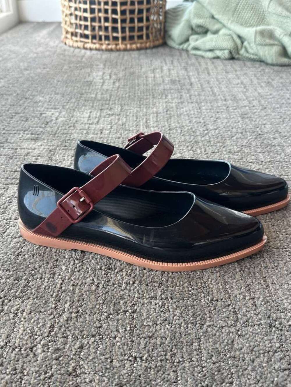 Melissa Jelly Mary Jane Flats Black Burgundy Buckle Strap - Size 6